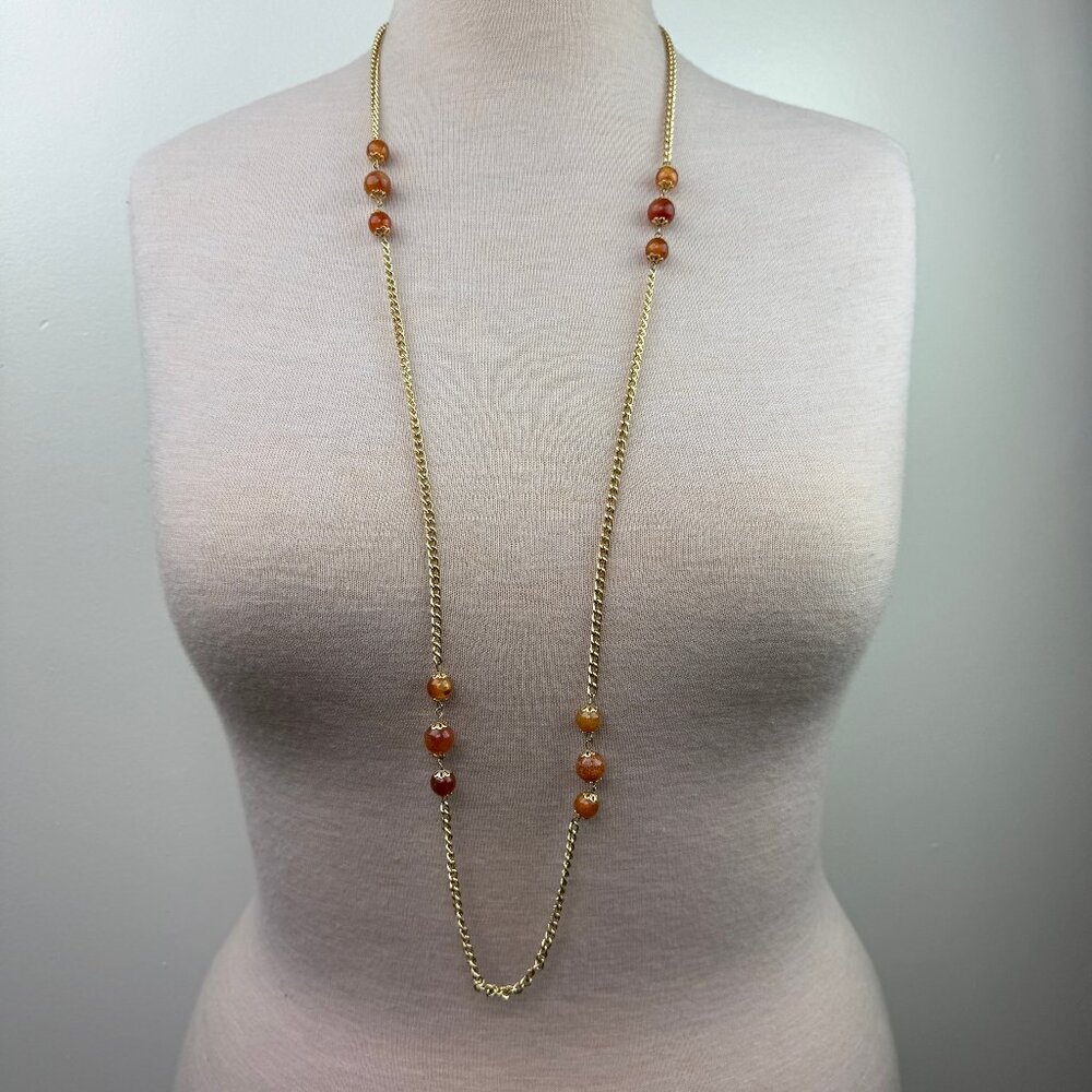 Vintage Lucite Amber Station Beads Gold Tone Chain Necklace 45" - Picture 1 of 6